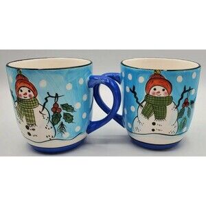 Set of 2 Libbey Snowman Christmas Holiday Mugs Cocoa Coffee Blue Heavy Duty